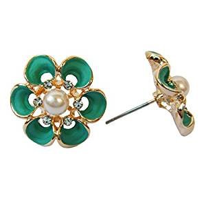 Stainless steel rose gold-plated stereo flower blue-green enamel white crystal earrings