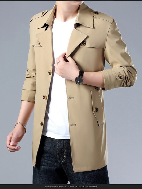 Spring And Autumn Men's Trench Coat With Buttons Top Quality Jacket Slim Regular Classic Jacket