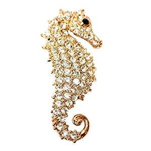 Plated stainless hippocampus white crystal brooch